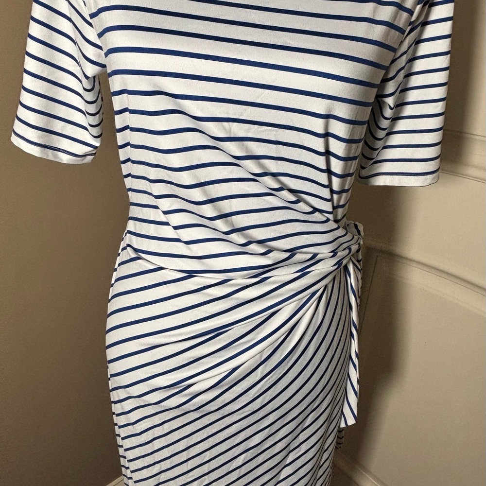 Lands’ End Elbow Sleeve Tie Waist Sheath Dress White & Navy Blue Nautical Sz S - Picture 7 of 16